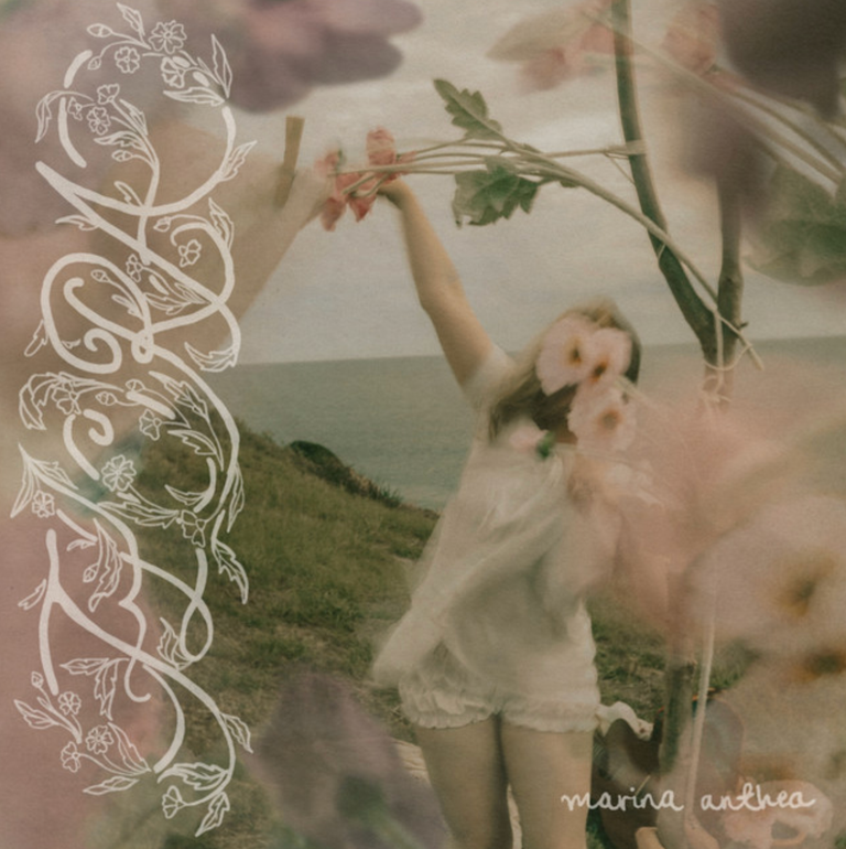 EP cover for Marina Anthea's Flora featuring a soft-focus photo of a woman in white near coastal hills, framed by floral illustrations and text.